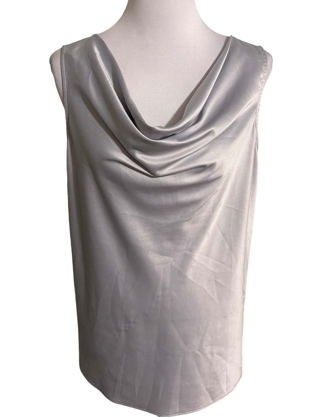 White House Black Market Silver Satin Cowl-Neck Sleeveless Blouse